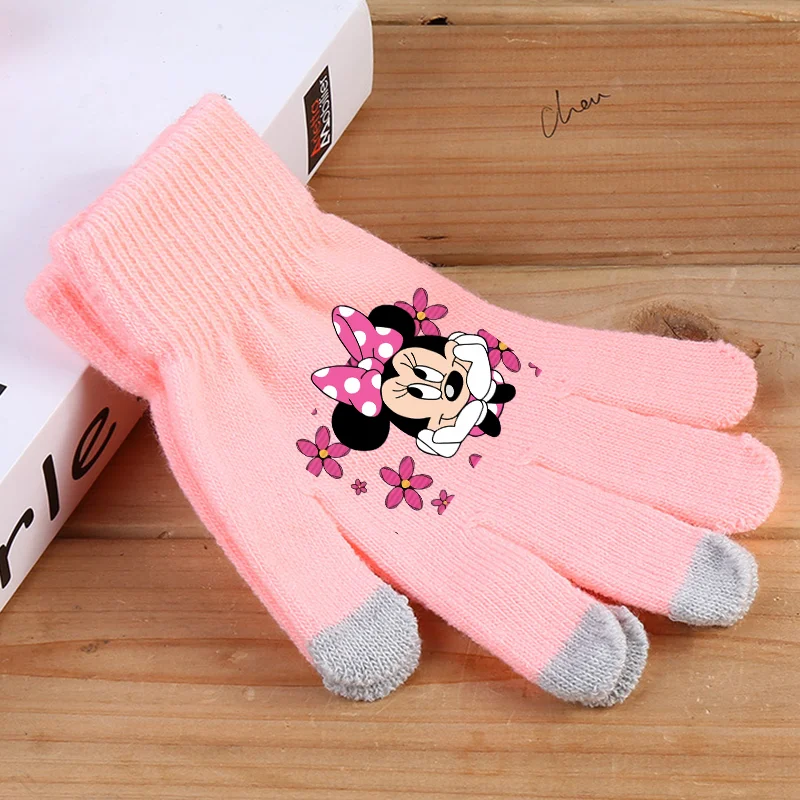 Disney Anime Glove Mickey Mouse Cartoon Five-finger Gloves Outdoor Sports High Quality Touch Screen Knit Mittens Kawaii Kid Gift