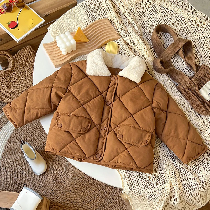 Autunno inverno versione coreana per bambini giacca imbottita in piumino sciolto ragazze ragazzi tesoro diamante griglia cappotto in pelliccia calda