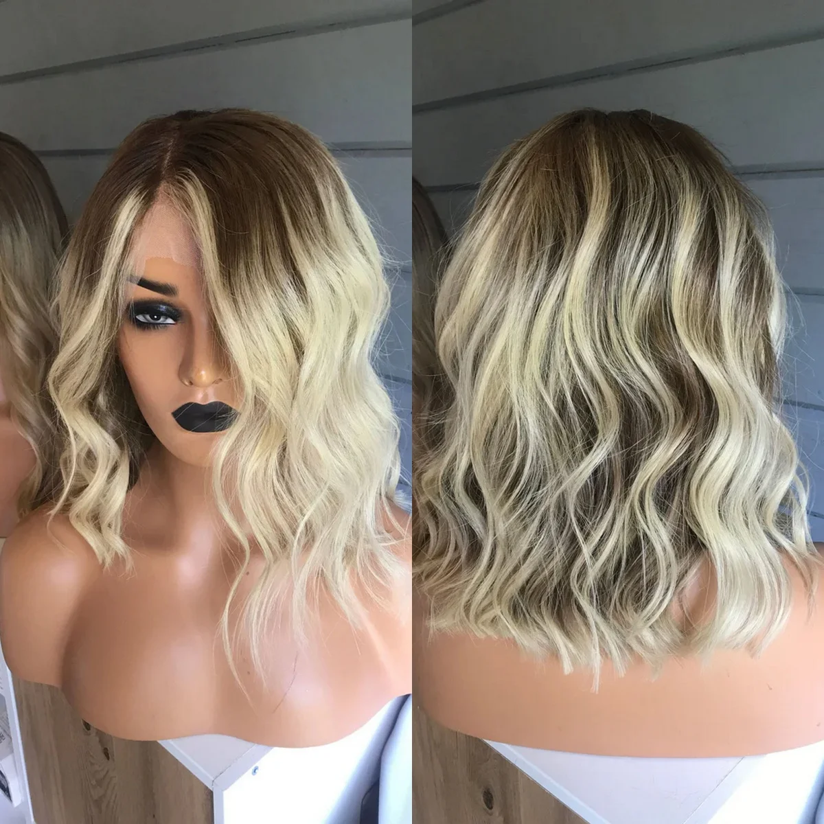 

14 Inch Short Wave Ombre Caramel Blonde Synthetic HD Transparent Lace Front Wig High Density Wig Ready To Wear Shadow Roots Wig