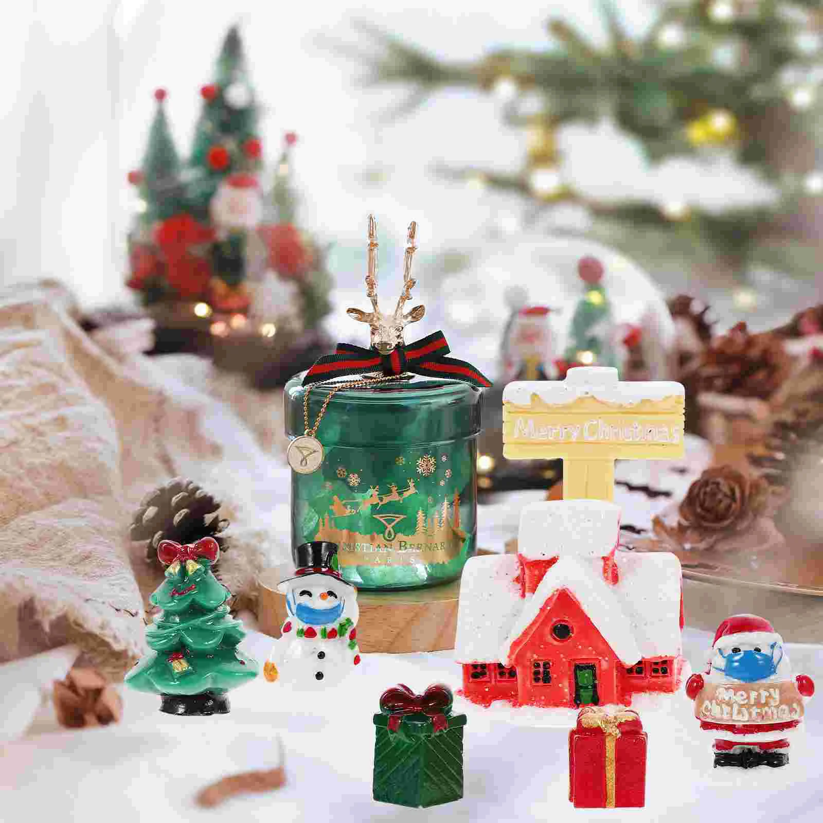 Christmas Figurines for Crafts Decorations with Mask Santa Claus Micro Landscape Ornaments Snow Scene 8pcs Masks Miniature Kit