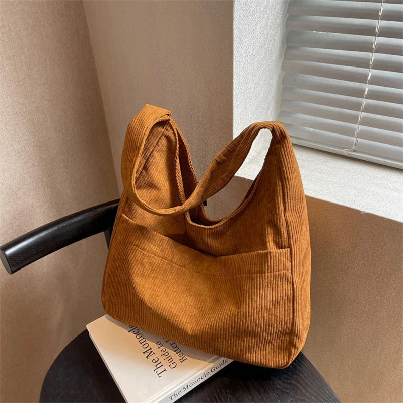 Women Corduroy Shoulder Bag Solid Female Canvas Tote Bags Large Capacity Multi-Pocket Designer Handbag 2023 Trend Shopper Bag