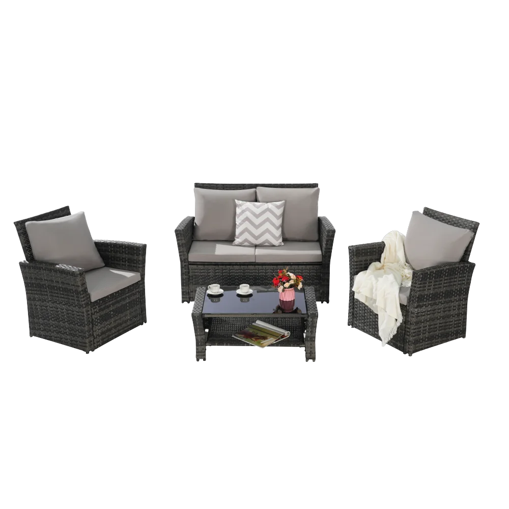 4-х предметные наборы мебели для патио, садовый плетеный набор стульев из ротанга, стулья для газона біля бассейна с журнальным столиком из закаленного стекла