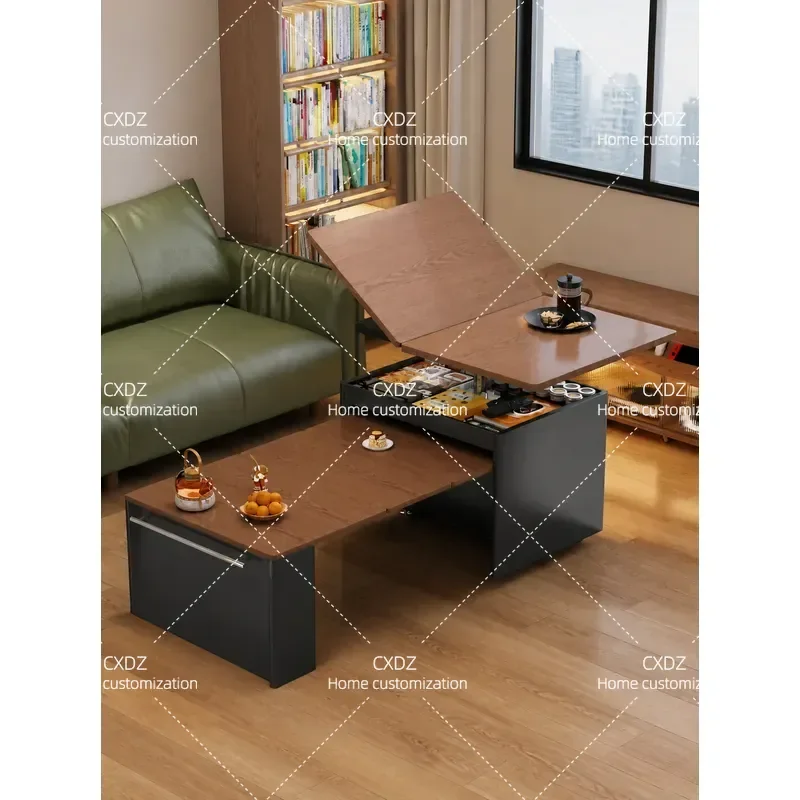 Retro Solid Wood Coffee Table Removable Lifting Telescopic Folding Sofa Side Table for Small Apartment Living Room