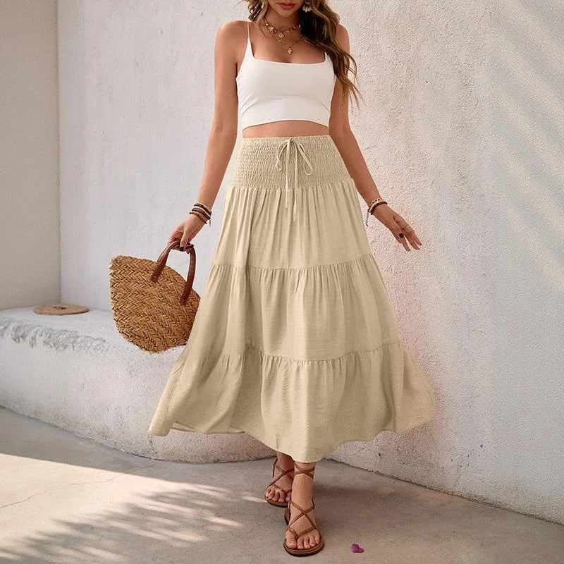 Summer Hot Sale Casual Pure Color Drawstring A-Line Midi Maxi Skirt Women's Fashionable Versatile Long Skirt