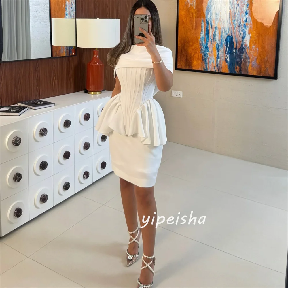Customized Beige Fashion Sizes Available Jersey Ruched A-line Off-the-shoulder Short Dresses Evening Dresses Exquisite Modest