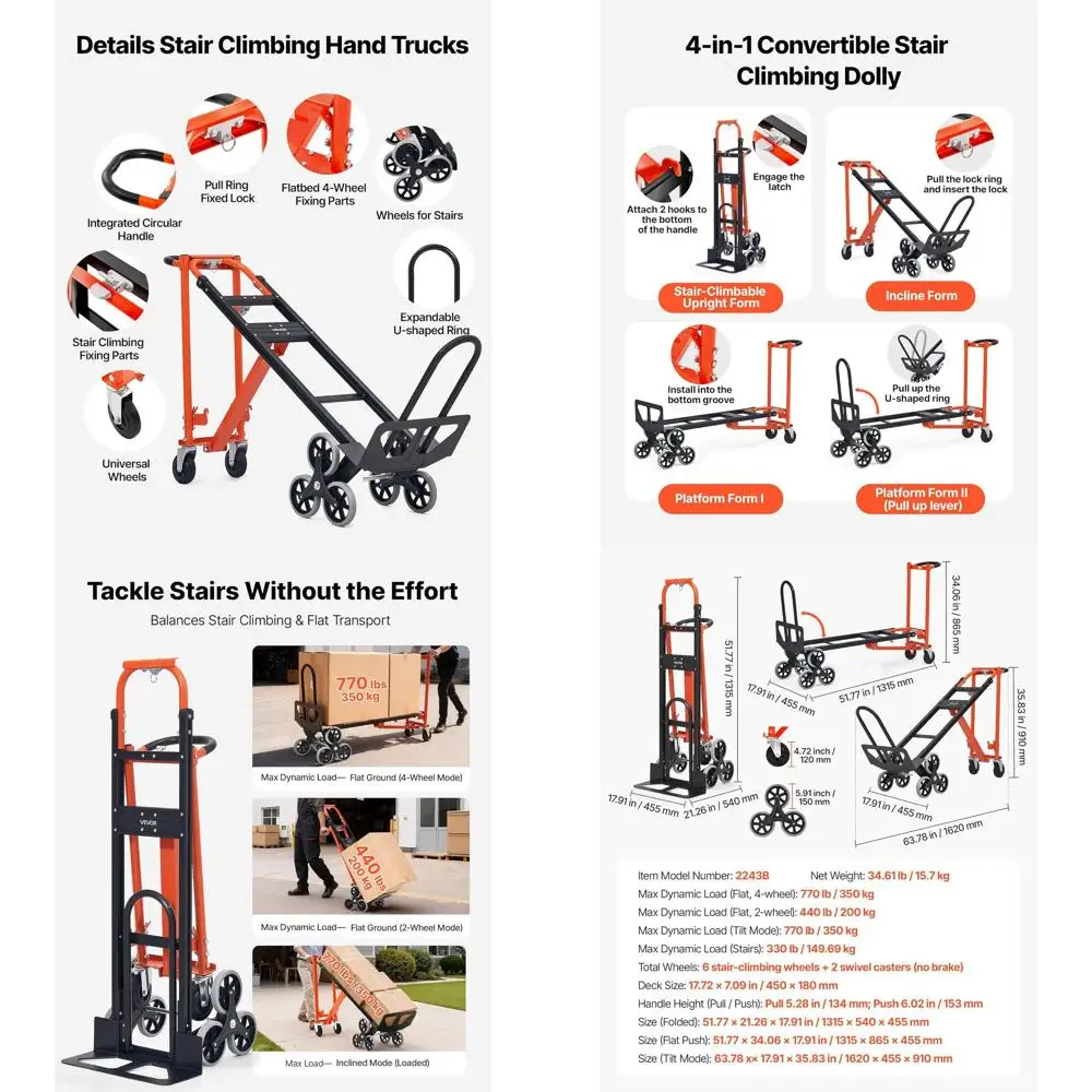 

Промышленная тележка-трансформер 3-в-1 для подъема по лестнице, грузоподъемность 770 фунтов, оранжево-серебристая