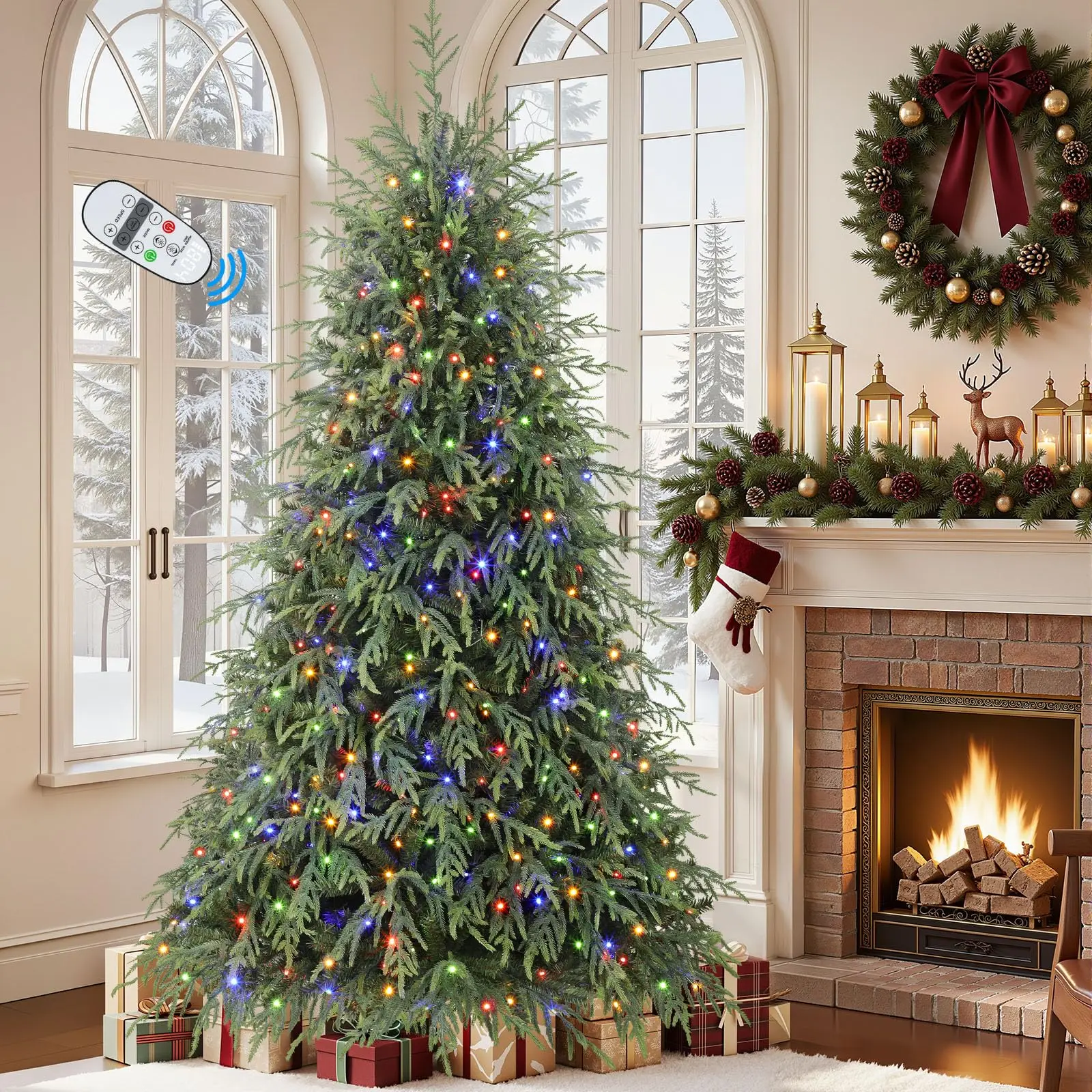 7ft Prelit Hinged Norfolk Pine Artificial Fake Christmas Tree with Remote Control,PE & PVC Branch for Xmas Home Holiday