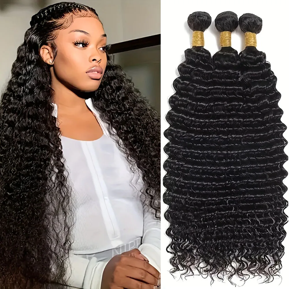 

3 Pcs Brazilian Hair Weave Bundles Deep Wave Bundles 100% Brazilian Human Hair Wig 1B Black Color For Women
