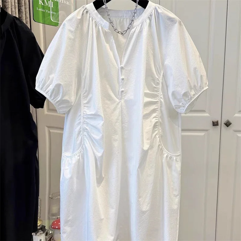 女性 2026 夏シャツドレスファッションルーズカジュアルバブルスリーブ白ダークブルー半袖スカートドレス女性