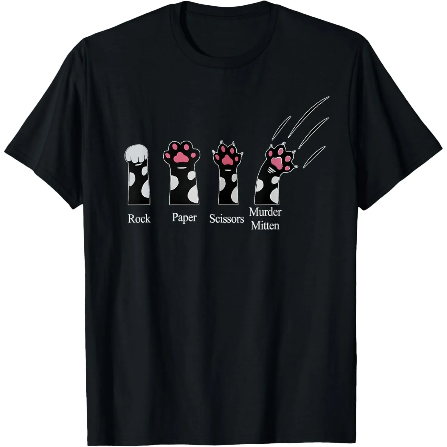 

Murder Mittens Rock Paper Scissors Funny Cat Paw Print Graphic Tee Casual Crewneck Short Sleeve T-Shirt
