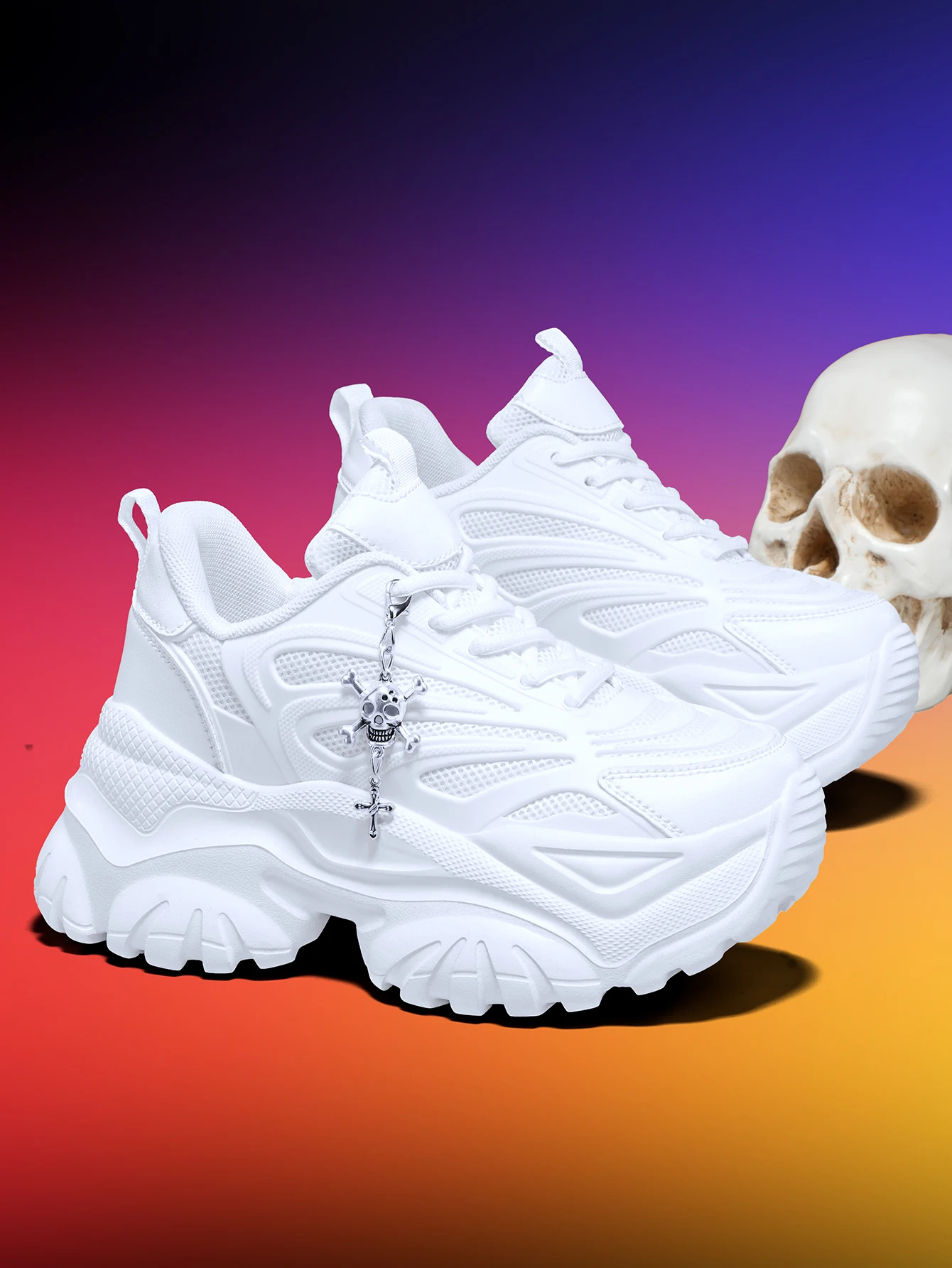 Damen-Outdoor-Allwetter-Modische Dad-Schuhe, Eva-Leichtgewicht-Sneaker mit dicker Sohle und 7 cm Absatzhöhe, orangefarbene Sportschuhe mit abnehmbarem silbernen Kreuz- und Totenkopf-Anhänger im Halloween-Punk-Stil, vielseitig einsetzbar für den täglichen Arbeitsweg und Fitness – Detail 32