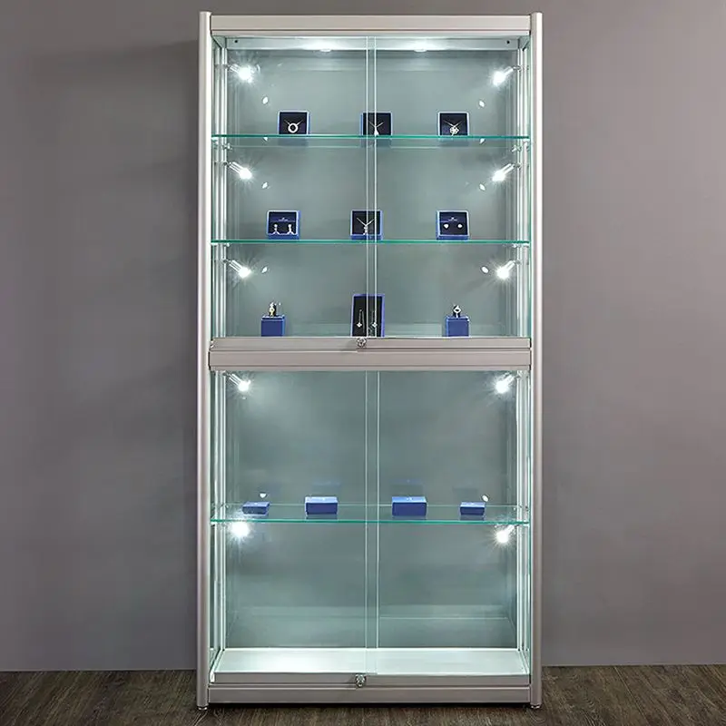 Custom, retail store locking glass display stand showcase with sliding doors aluminum frame curio cabinet glass display