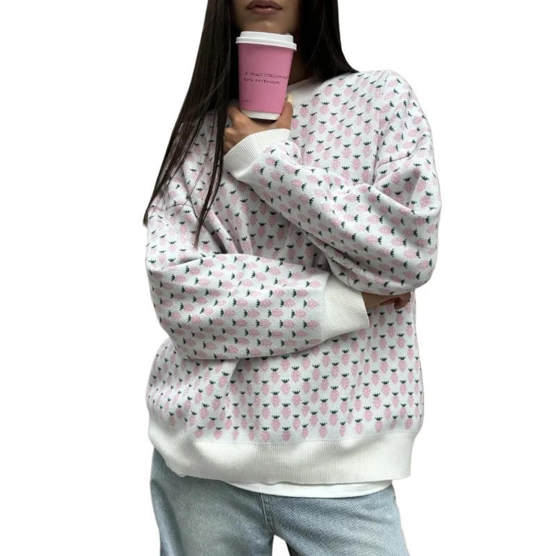 

Женские повседневные свободные вязаные пуловеры с круглым вырезом, осенняя мода, свитер с длинными рукавами, пуловеры, вязаный свитер с клубничным принтом