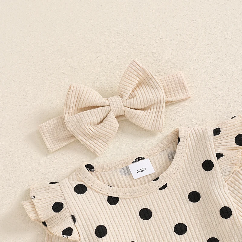 Baby Clothing Girls Fall Outfit Long Sleeve Dots Print Romper with Pants and Bowknot Headband Newborn Clothes Set