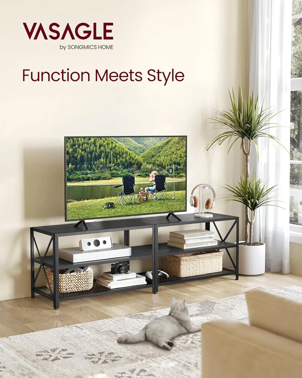 TV Console for TVs Up to 70 Inches, TV Table, 63 Inches Width, TV Cabinet with Storage Shelves, Steel Frame, for Living Room