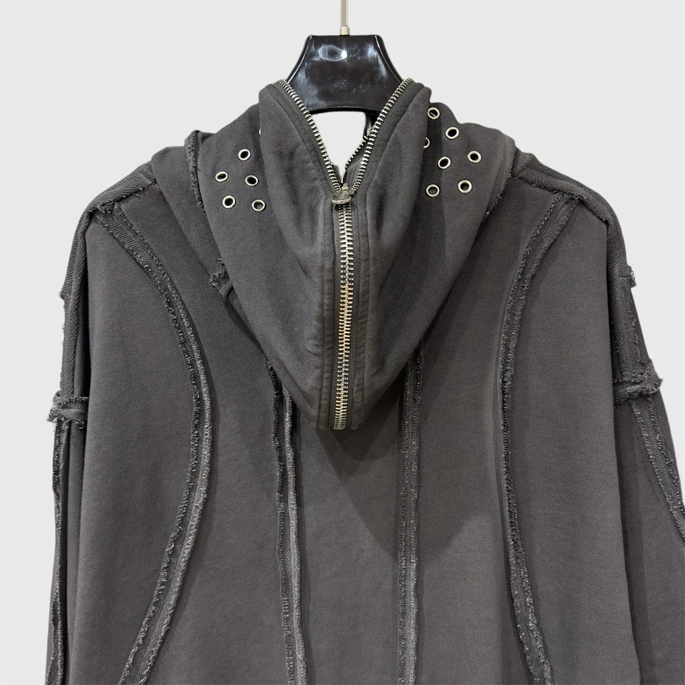 Spring and Autumn Women's New Vintage Zipper Mask Destruction Hooed Sweatshirt Splicing Water Washed Wax Printing Hoodie Coat