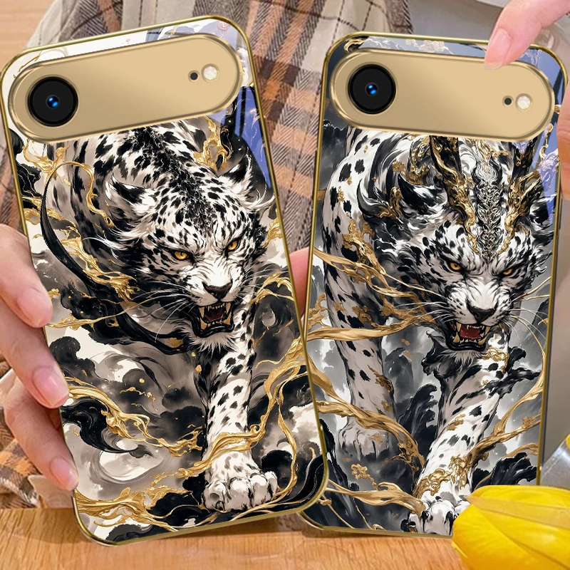 Black spotted leopard For iPhone Air 17 Pro Max 16 15 Pro 14 13 Plus 12 mini 11 17Air XR 16E 17ProMax Golden glass phone case