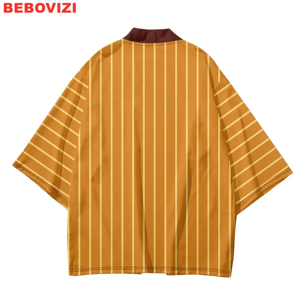 ثوب الكيمونو الياباني بلايز تقليدية غير رسمية برتقالية شريطية طباعة تأثيري Haori 2025 النساء الرجال سترة الشاطئ يوكاتا