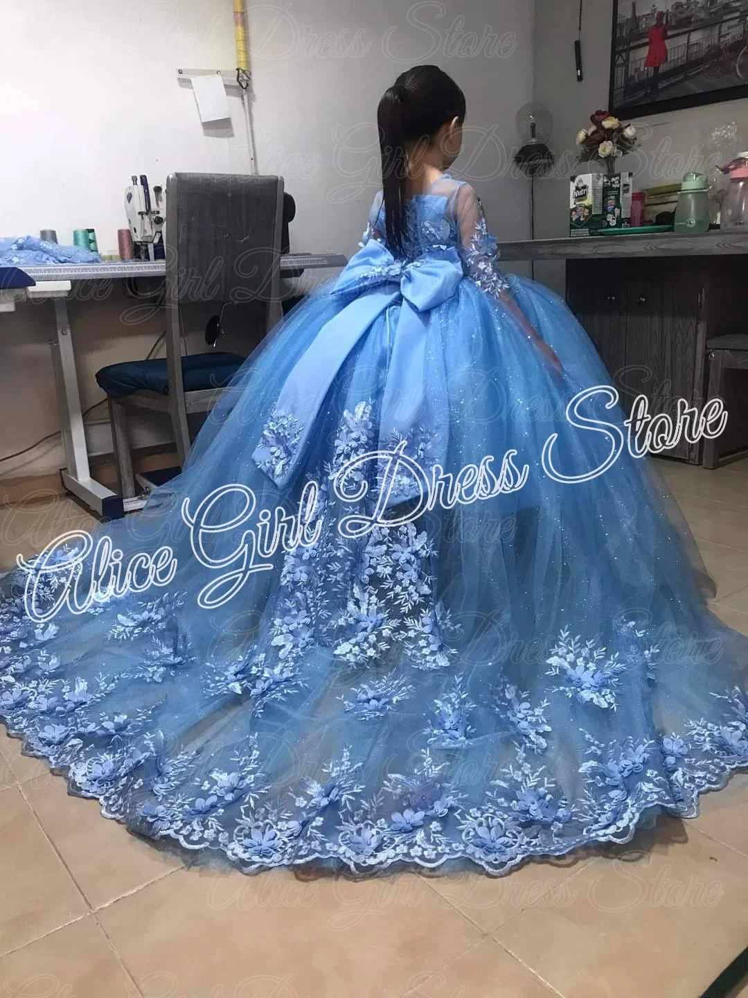 Customized Blue Flower Girl Dress Lace Appliques First Communion Ball Birthday with Bow Graduation Ceremony Wedding Party Gowns