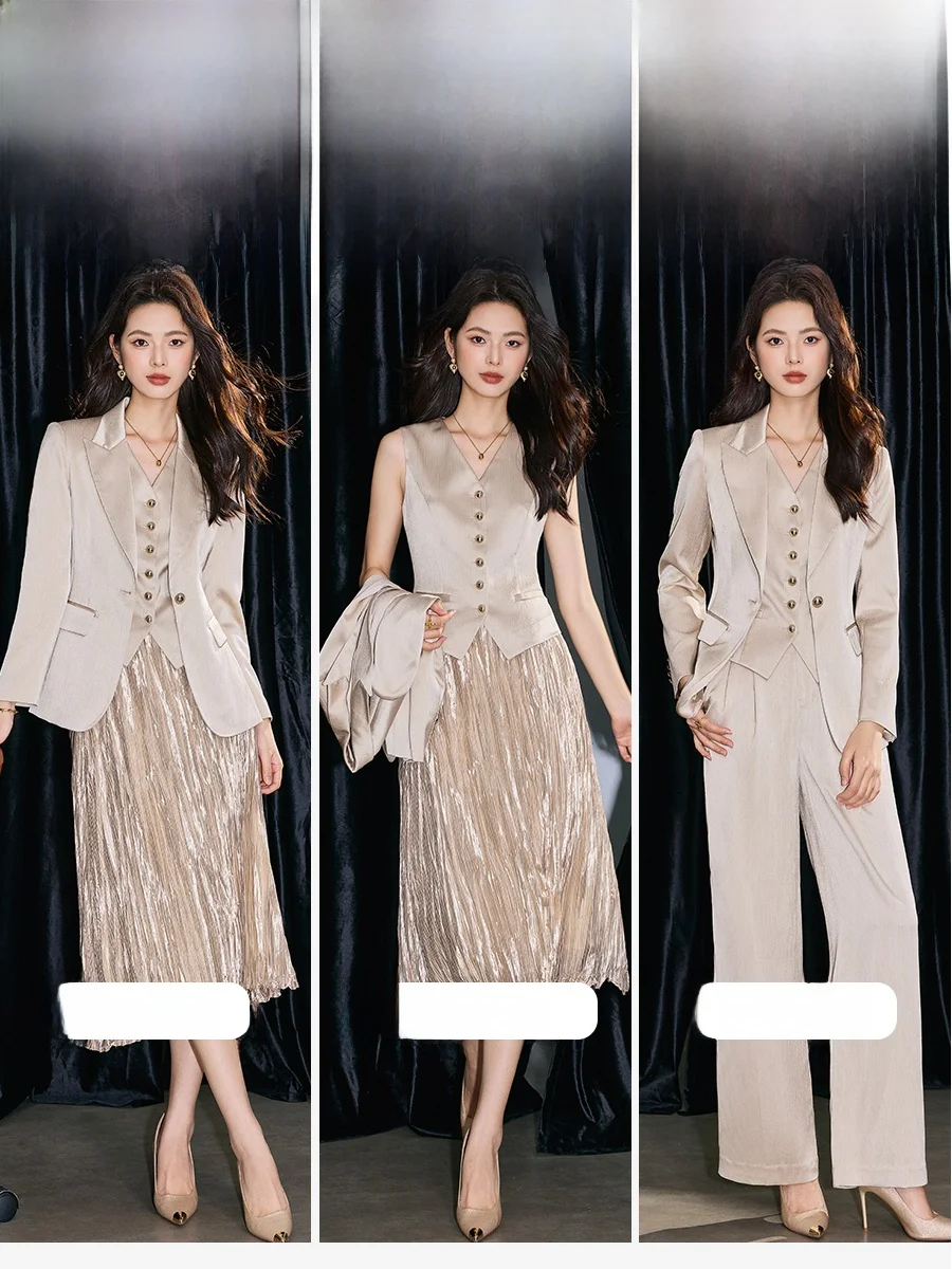 

Комплект из жилета и юбки Ele Gold Tead Texture для женщин: юбка с высокой талией и плиссировкой, роскошный комплект из футболки и юбки, женский наряд