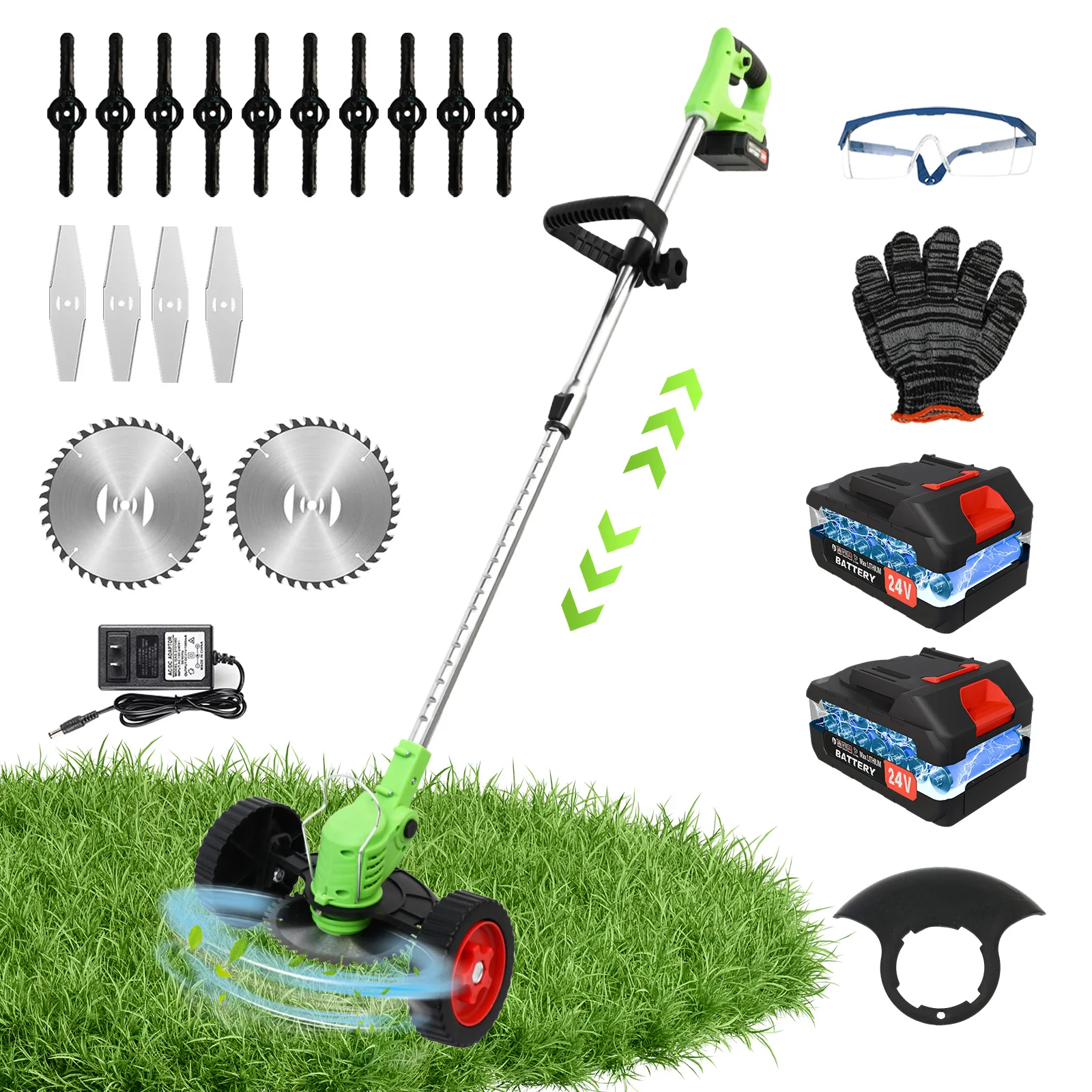 21V Electric Cordless Lawn Trimmer Mower Grass Edger with 2 x 5C 1500mAh Li-Ion Batteries Auxiliary Wheelbase for Garden Yard