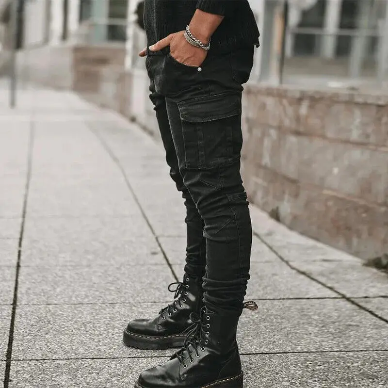 Spring and Autumn European and American Casual Pure Color Side Multi Pocket Small Foot Tight Jeans for Men