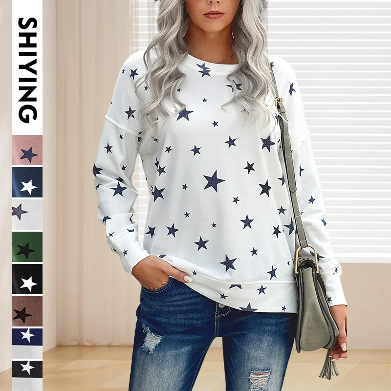 طويل Sve مطبوعة هوديي المرأة ربيع الخريف جديد جولة Ne فضفاض السيدات أعلى القطن الصوف مزيج النسيج مريحة تناسب #1