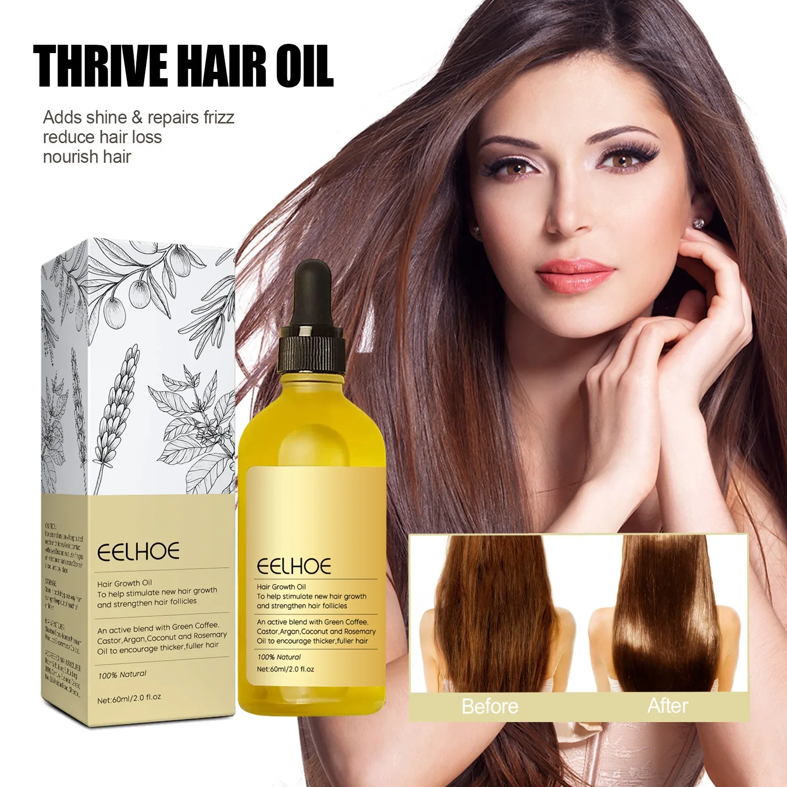 Óleo natural do crescimento do cabelo para o crescimento do cabelo, óleo essencial para a perda de cabelo, anti perda de cabelo, nutrição, cabelo alecrim liso