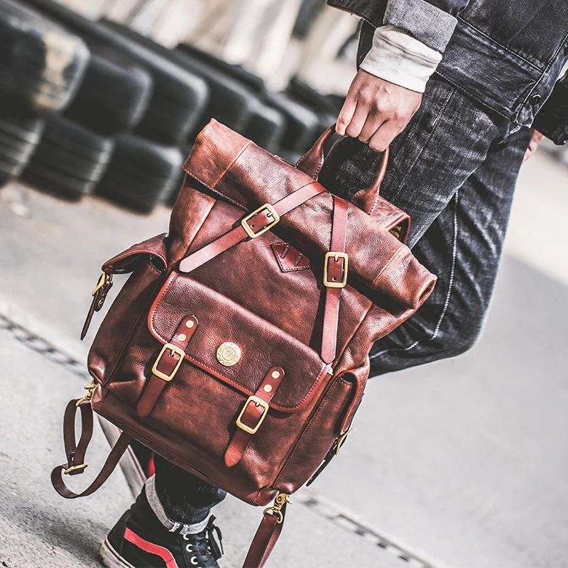 New Genuine Leather Men's Backpack First Layer Leather Laptop Bag Amekaji Men's Large Capacity Travel Backpack School Bags