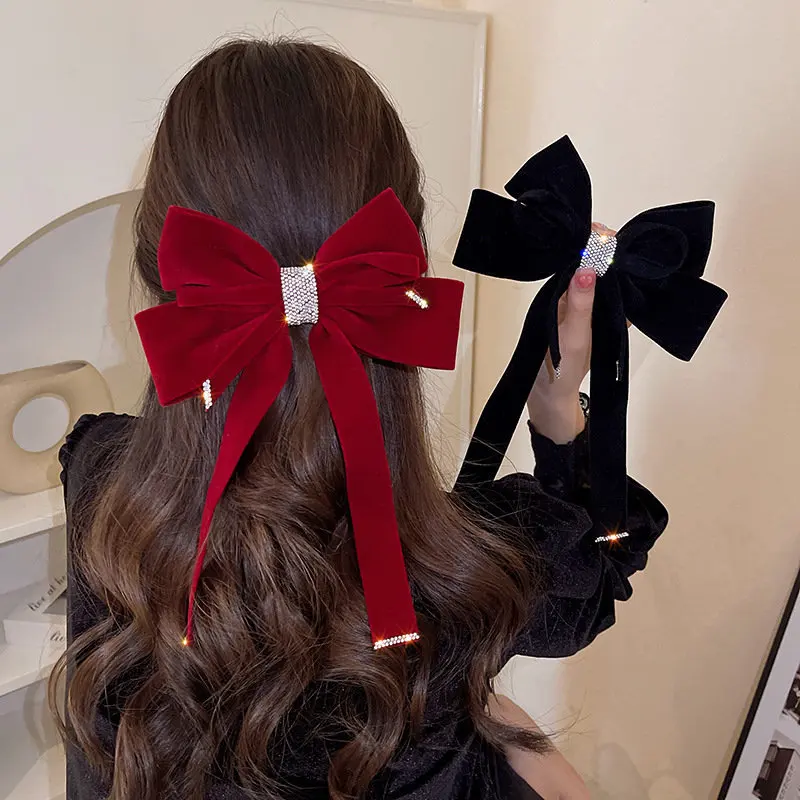 Korean Luxurious Escape Princess Elegant Velvet Butterfly Knot Sash Spring Clip Girl Heart Top Bun Stylish Hair Accessory