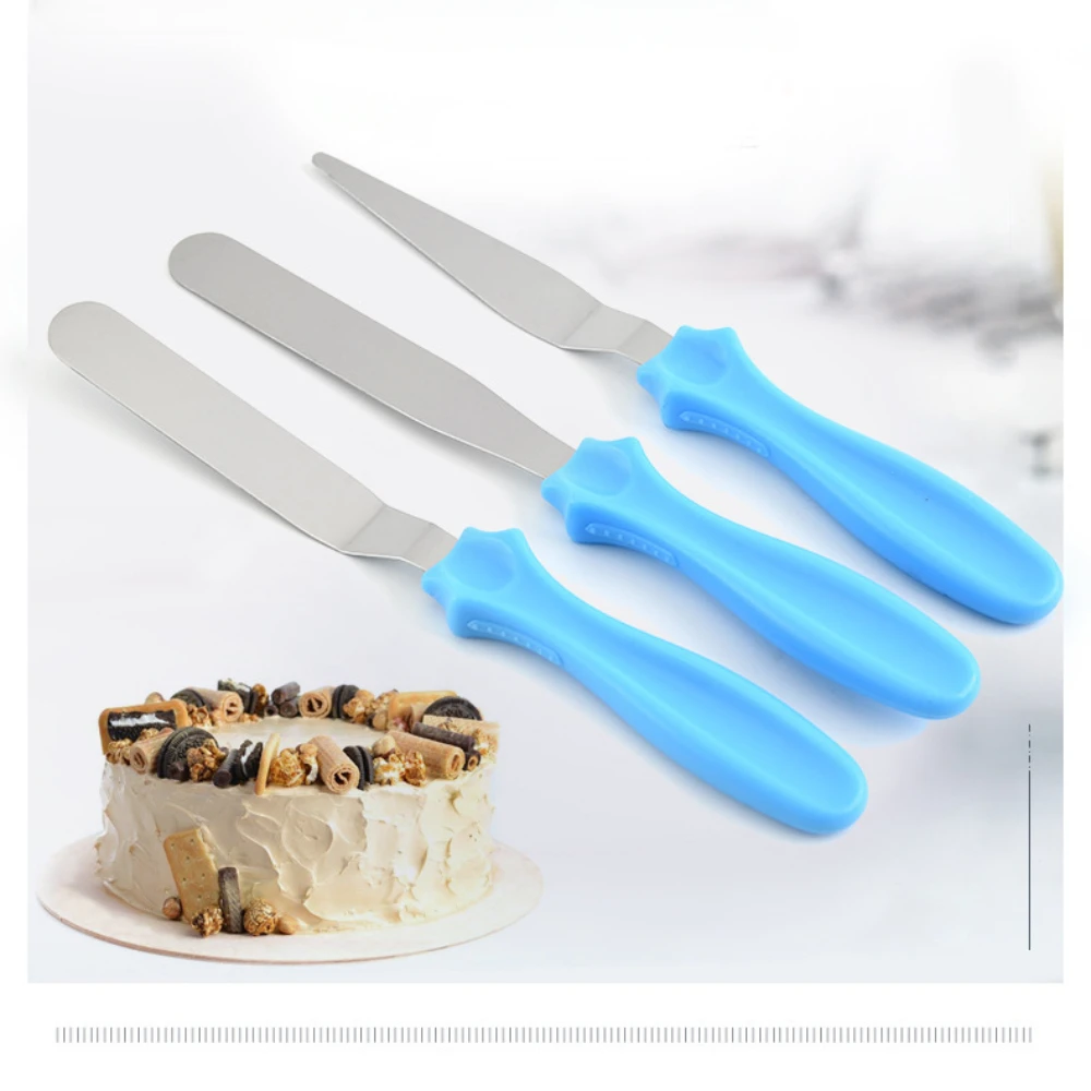 Raspador De Bolo De Aço Inoxidável Com Alça De Plástico, Reta E Curva Espátula De Creme, Cortador De Bolo De Cozimento, Gadget De Cozinha, Ferramenta De Cozimento, 3 Pcs/Set