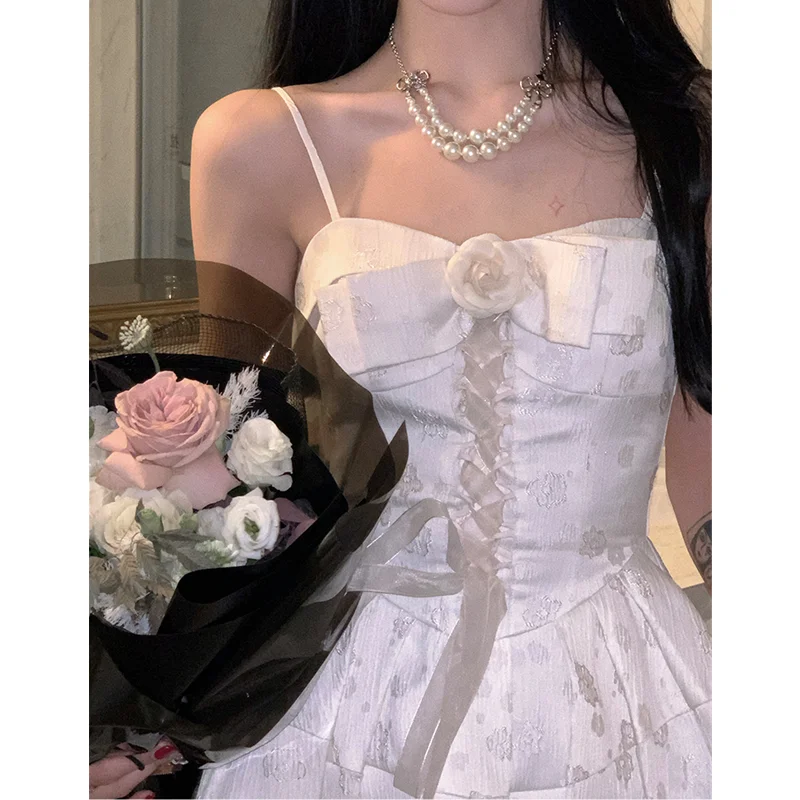 Women\'s Dress Apricot Short Skirt Spring French Fashion Suspender Dress Women\'s Bow Chic Design Ball Gown Camisole Dress White