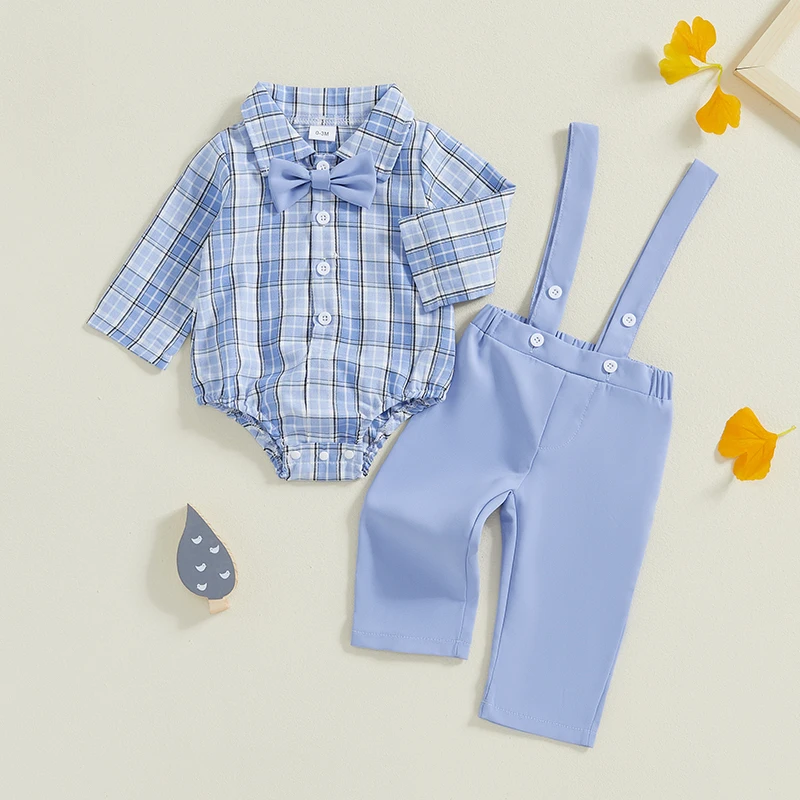 

SUNSIOM 0-18 Months Baby Boy Outfit Long Sleeve Plaid Romper with Bow Tie and Overall Pants Infant Fall Outfit for Casual Daily