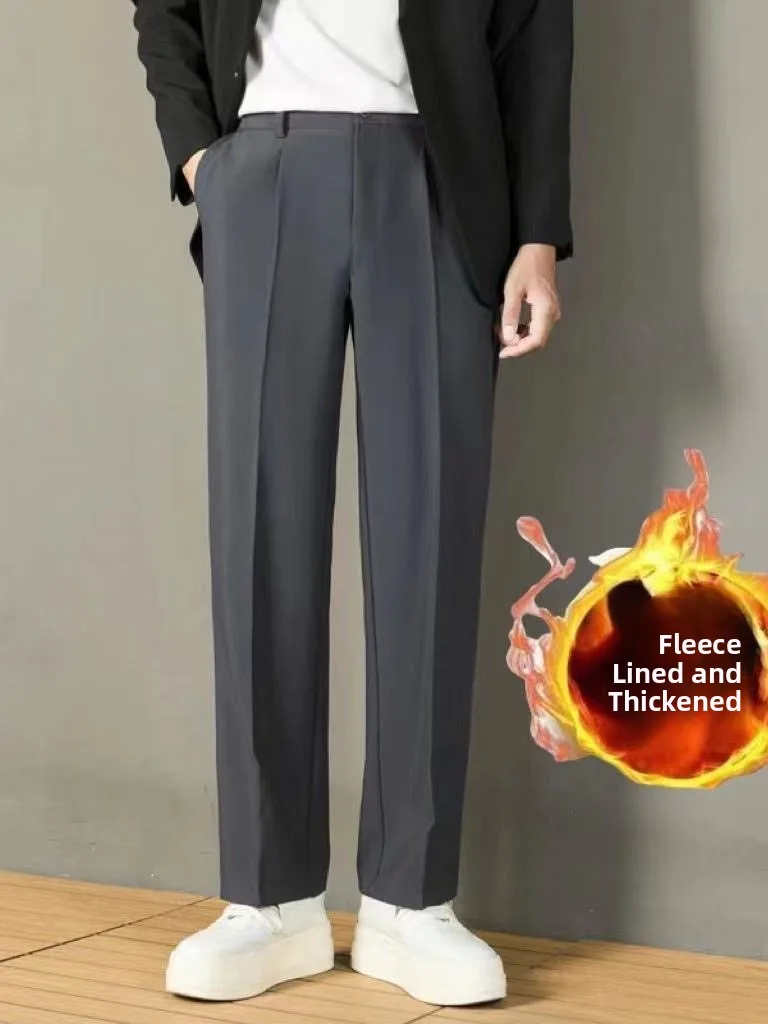 

Мужские повседневные брюки прямого кроя на флисовой подкладке, осенне-зимние, новые, свободные, укороченные, струящиеся, черные, классические, длинные брюки