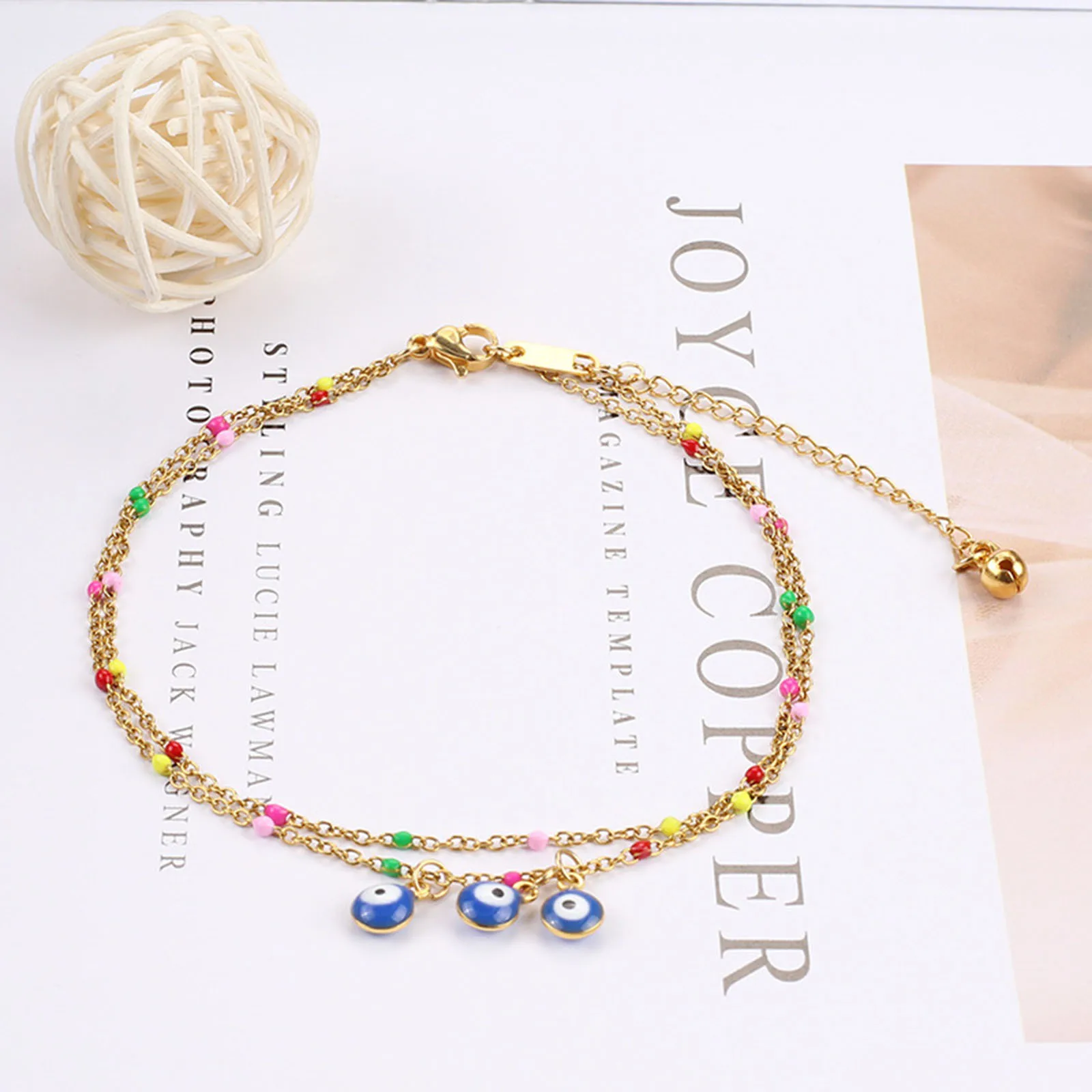 304 Stainless Steel Stylish Link Cable Chain Multilayer Layered Anklet Multicolor Evil Eye Jewelry 22cm(8 5/8