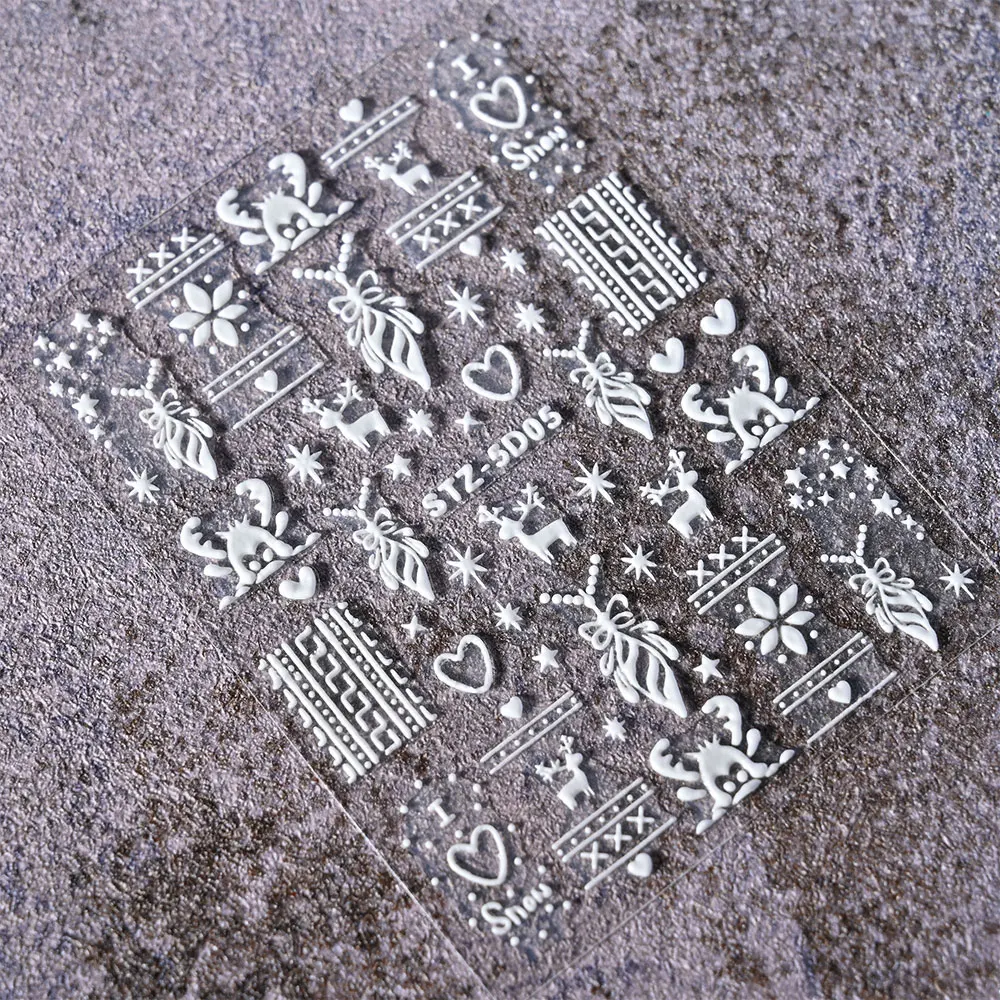4개입 5D 엠보싱 눈송이 네일 아트 스티커 크리스마스 화이트 눈송이 네일 아트 데칼 DIY 아크릴 꽃 매니큐어 슬라이더 스티커