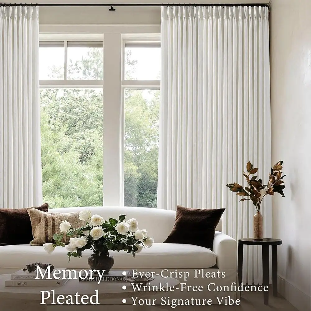 Cream Ivory 108 Flax Pleated Linen Curtains with Memory Light Filtering and Back Tab for Track System