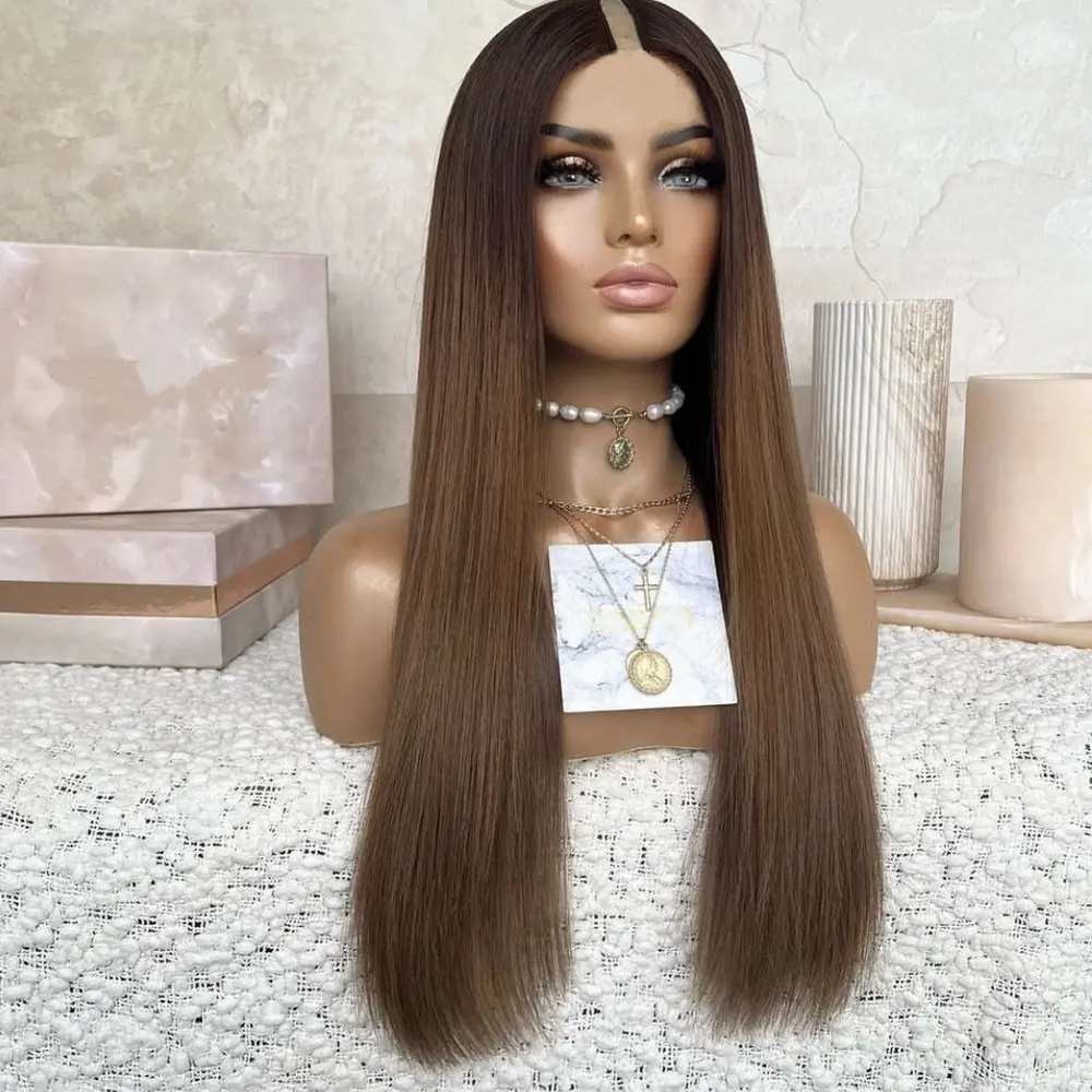 

Ombre Brown 1x4 Size V Part Wig Human Hair for Women Silk Long Straight Glueless U Part Wig with Clips Remy Peruvian Hair Wig