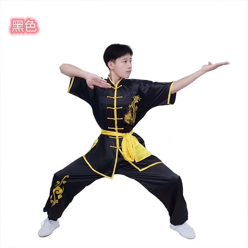 

Summer short sleeved satin simulation silk women's and men's embroidered dragon martial arts performance suit, long fist suit