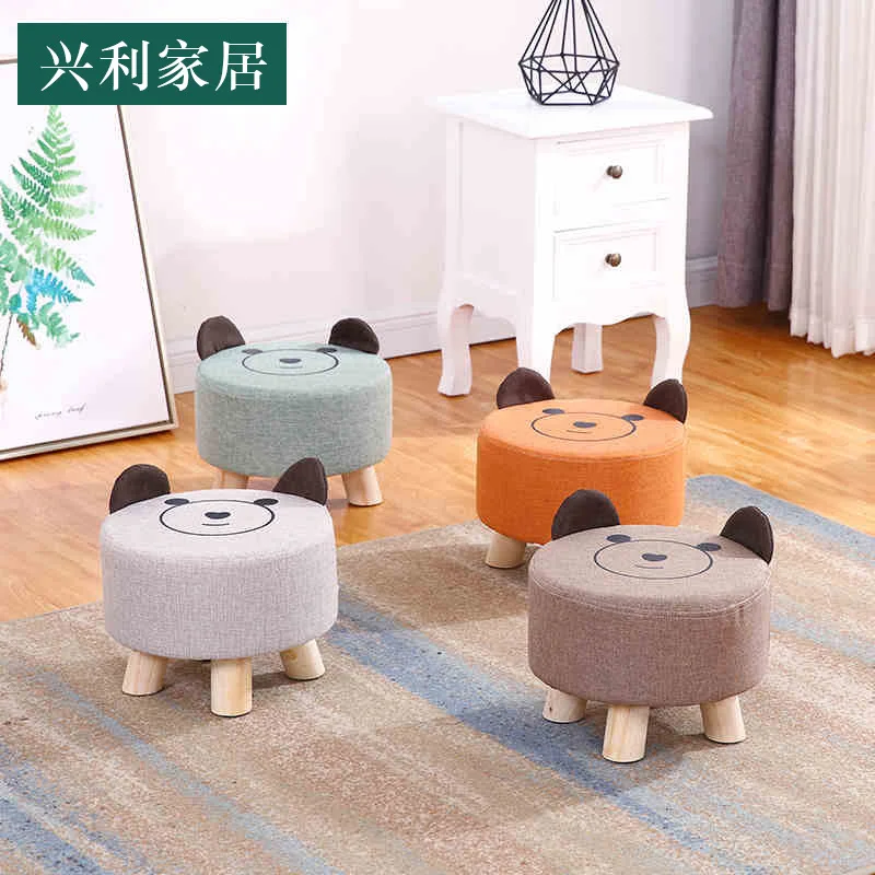 Children's Small Stool Simple Solid Wood Household Round Stool Cute Bear Stool Cartoon Fabric Fashion Shoe Changing Stool