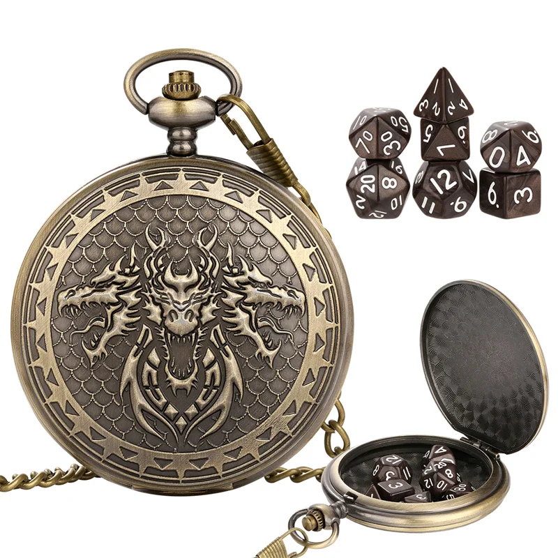 

Retro Large Size Three Dragon Head Pocket Watch Case Pendant Chain with 7pcs/set Tiny Size Acrylic Dice for Table Boad RPG Game