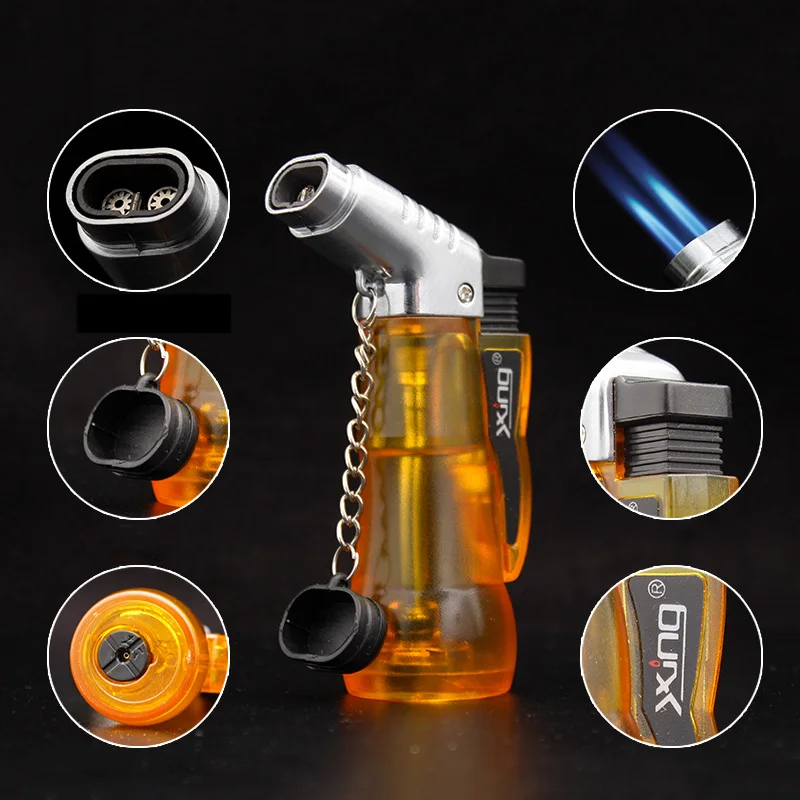 Mini Spray Windproof Double Torch Cigar Lighter Jet Flame Refillable Butane Gas Ligthers Transparent Visible Tank