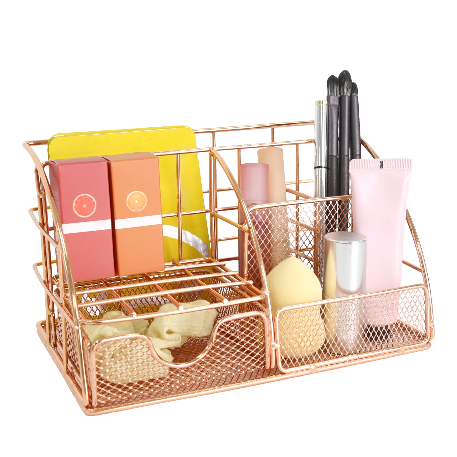 منظم سطح المكتب المعدني باللون الذهبي الوردي، شريط ملفات متعدد الوظائف، رف تخزين اللوازم المكتبية، حامل القرطاسية ومستحضرات التجميل، شركات