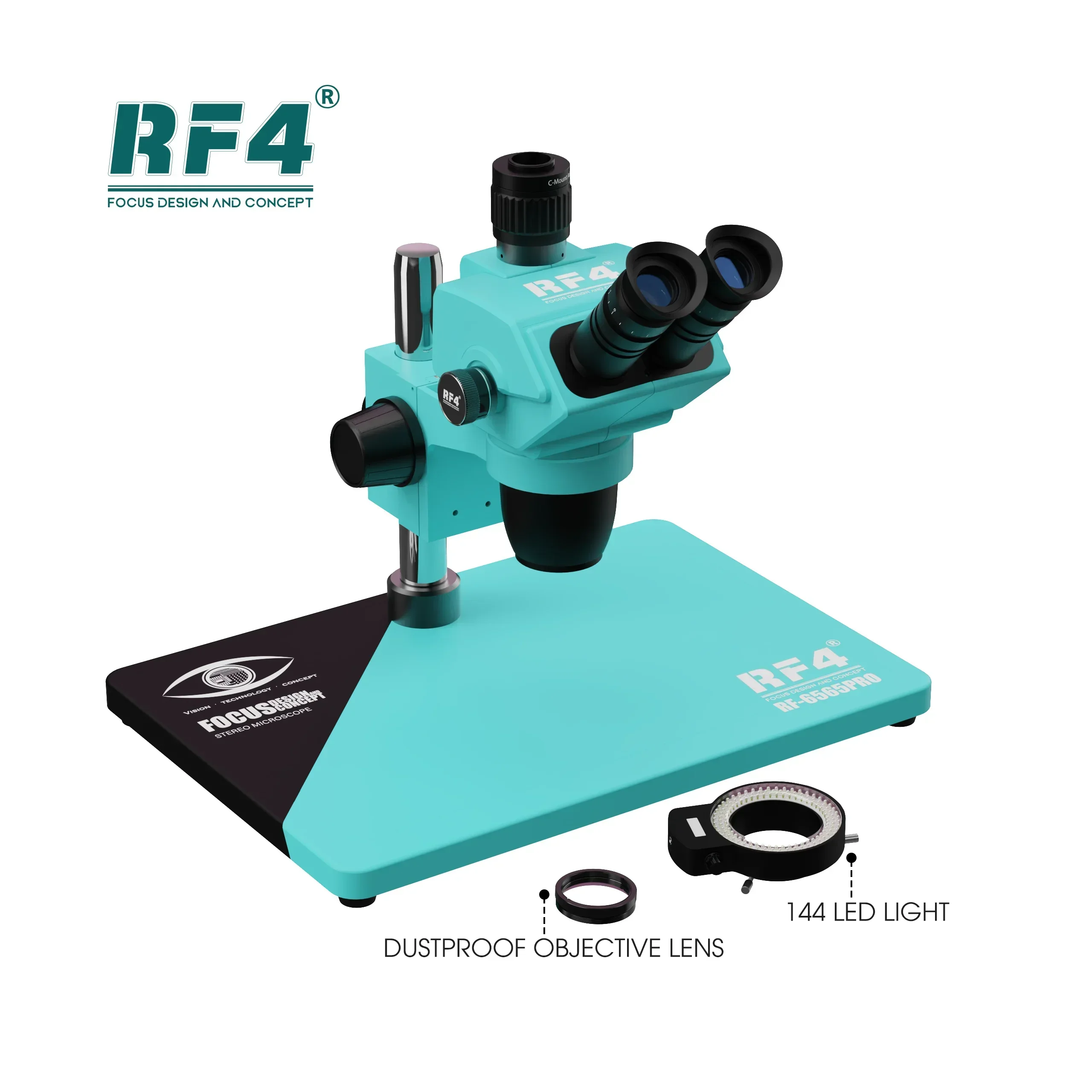 RF4 RF-6565PRO HD Trinocular Stereo Microscope Nine-speed Zoom Lock Key, Eyepiece Adjustable，Multi-layer Lens Dust Structure