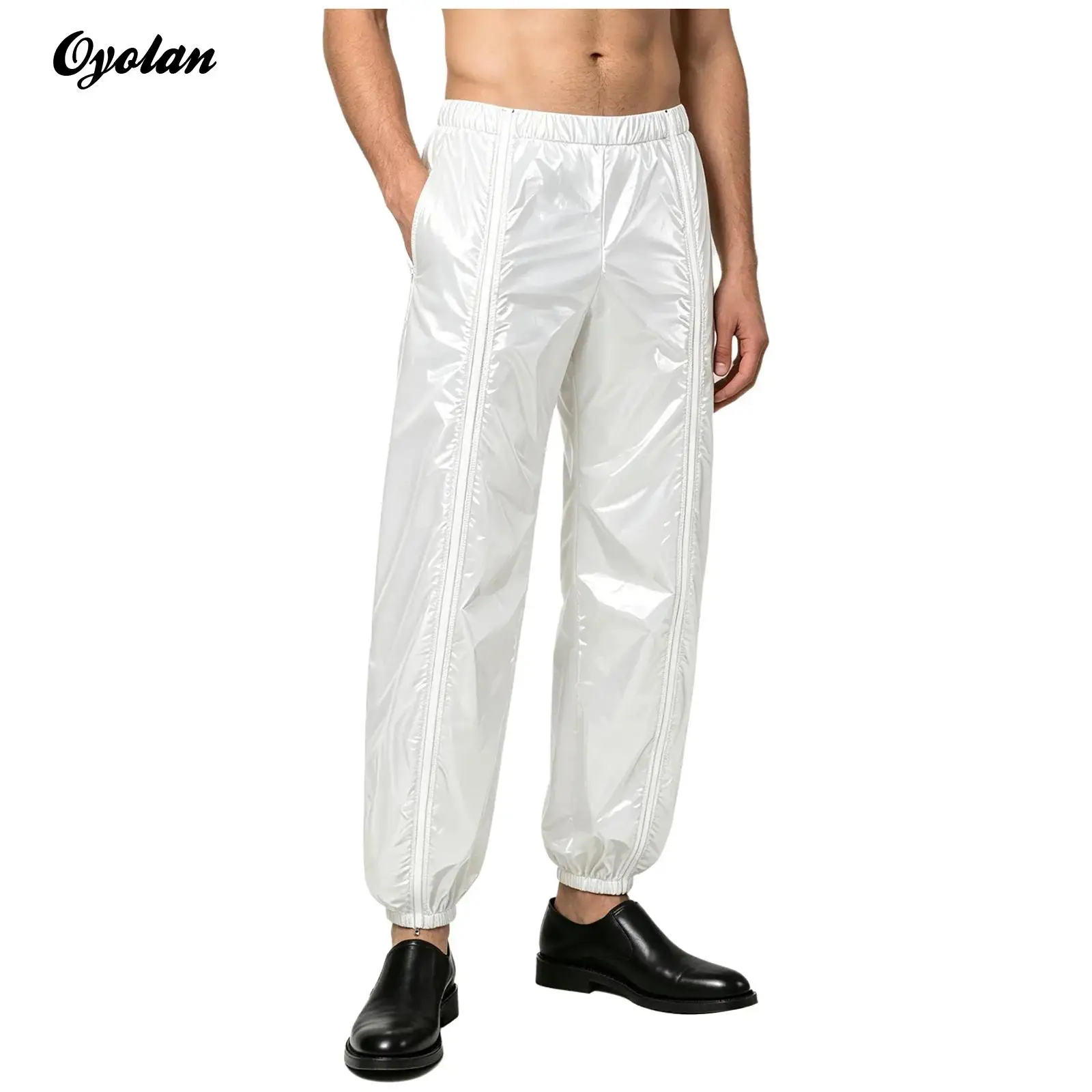 Mens Full Side Zipper Drawstring Hem Trousers Shiny Glossy Vinyl Waterproof Reusable Pants Rave Party Clubwear Streetwear