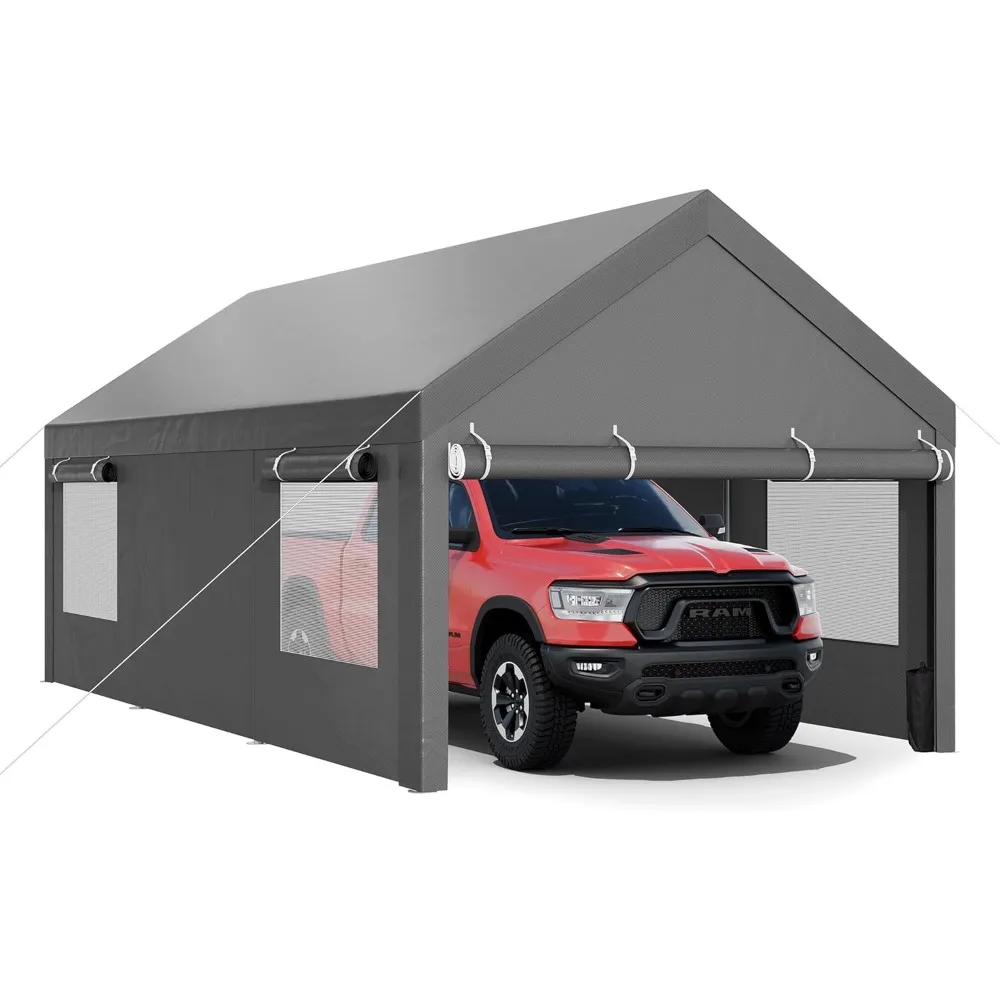 

Carport, 12x20 FT Heavy Duty Carport Reinforced Steel Poles with Removable Sidewalls & Doors, Roll-up Windows Car Canopy