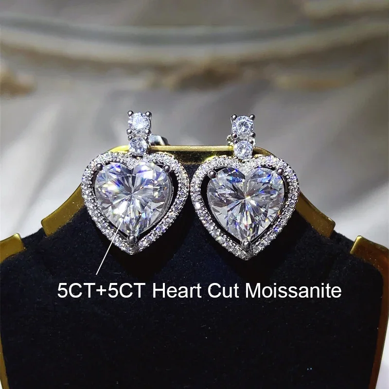 QIBAOKU 10CT Moissanite Heart Shape Earrings S925 Silver for Women D Color Diamond Ear Stud Wedding Bride Gifts Jewelry GRA 2026