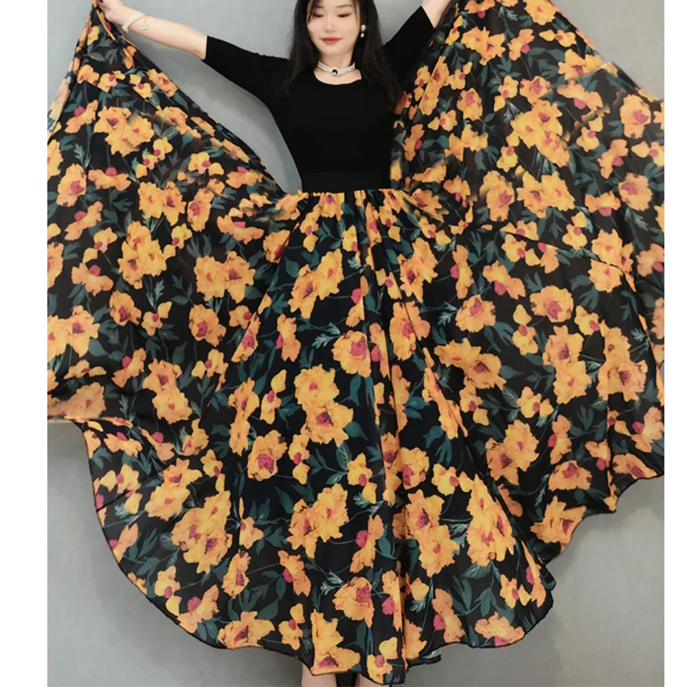 female Chiffon Yellow flower pattern long skirt 2024 Summer 720 degree dance elegant women\'s skirts Woman Long Maxi Skirts