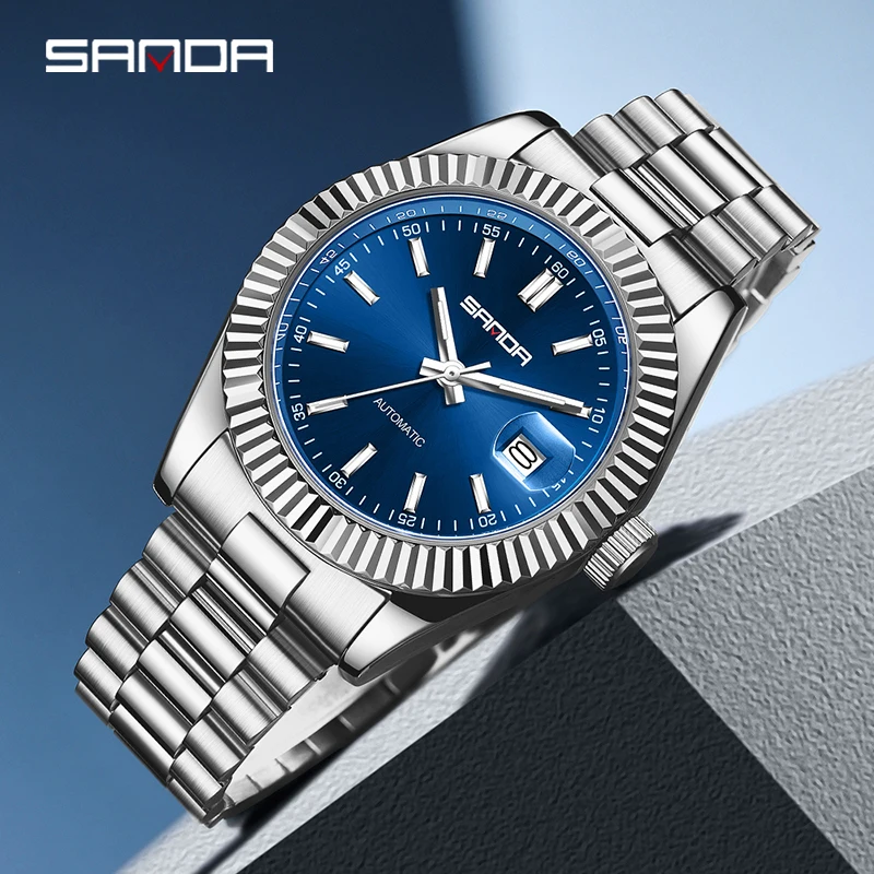 SANDA 5601 클래식 남성용 자동 기계식 시계 비즈니스 솔리드 스틸 벨트 시계 방수 야간 조명 달력 캐주얼 시계