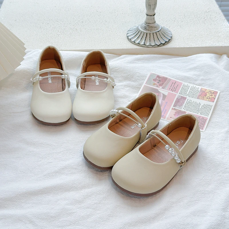 Girls Casual Leather Shoes Soft Princess Sweet Kids' White Pearl Beading Mary Jane Flats Non-slip Soft Classic Spring Autumn New